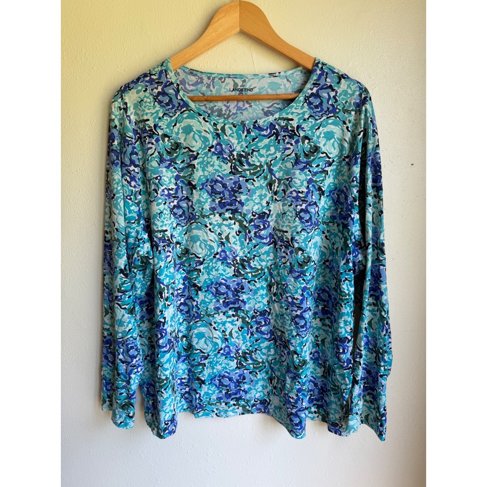 Lands End Womens 2X Blue Green Floral Abstract Long Sleeve Crew Neck Top 20W-22W